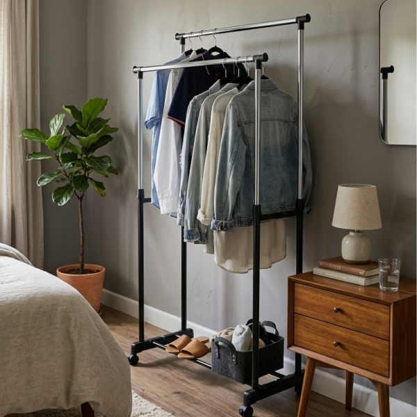 Двойна стойка за дрехи на колела - лесно преместване и повече място за дрехи 1