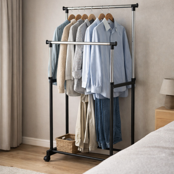 Двойна стойка за дрехи на колела - лесно преместване и повече място за дрехи