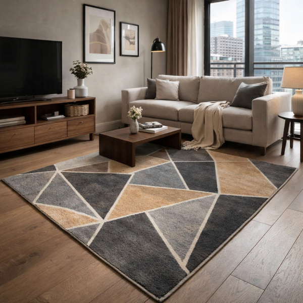 Модерен килим за хол 120х160см - Геометрични фигури и 3D ефект, Противоплъзгащ