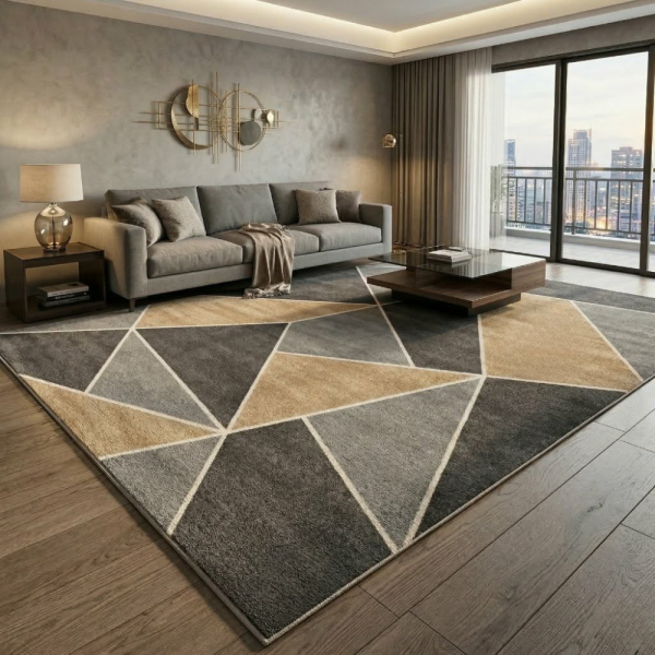 Модерен килим за хол 120х160см - Геометрични фигури и 3D ефект, Противоплъзгащ