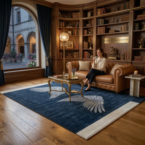 Модерен килим за хол 120х160см - Тъмносин с крила и корона и 3D ефект, Противоплъзгащ