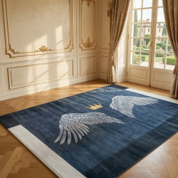 Модерен килим за хол 120х160см - Тъмносин с крила и корона и 3D ефект, Противоплъзгащ