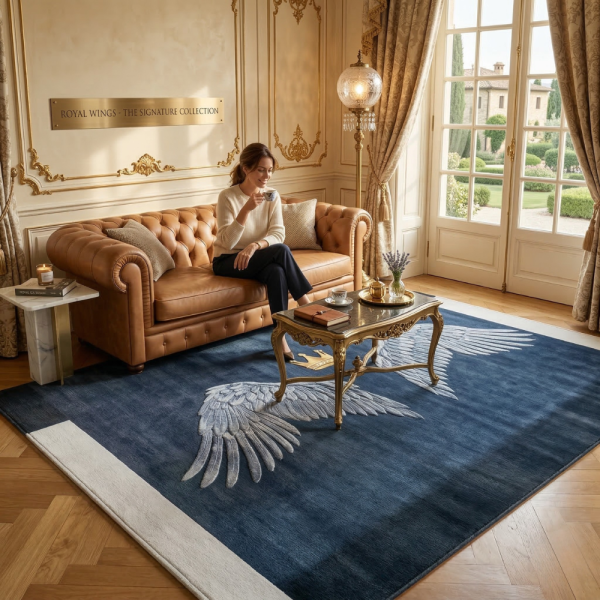 Модерен килим за хол 120х160см - Тъмносин с крила и корона и 3D ефект, Противоплъзгащ