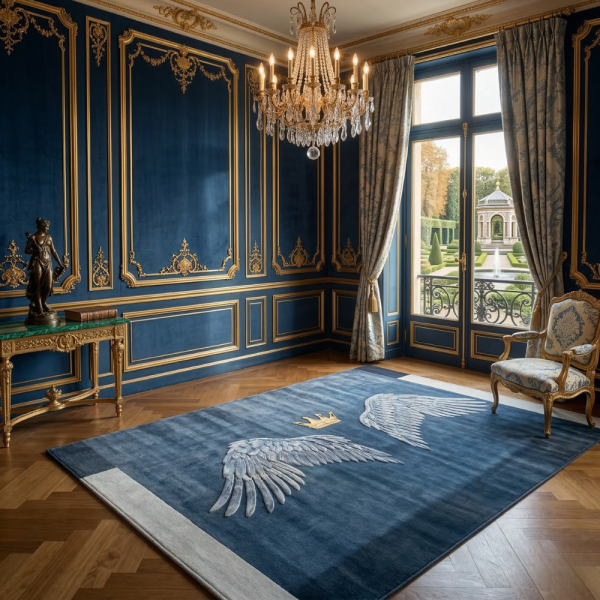 Модерен килим за хол 120х160см - Тъмносин с крила и корона и 3D ефект, Противоплъзгащ 4