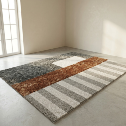 Модерен килим за хол 120х160см - Кафяв меланж с бежови райета и 3D ефект, Противоплъзгащ