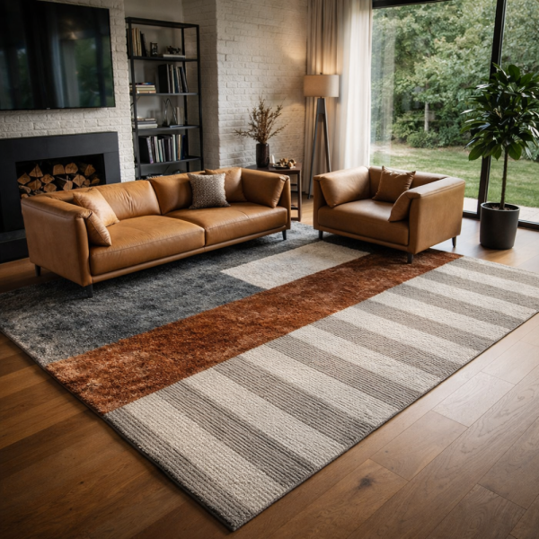 Модерен килим за хол 120х160см - Кафяв меланж с бежови райета и 3D ефект, Противоплъзгащ