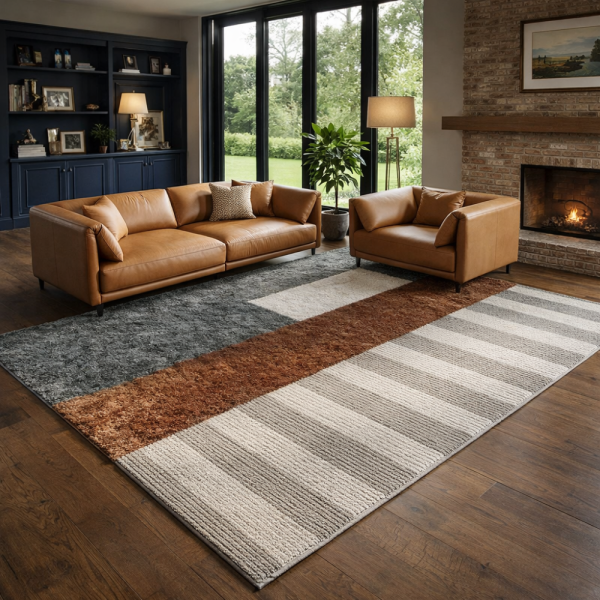 Модерен килим за хол 120х160см - Кафяв меланж с бежови райета и 3D ефект, Противоплъзгащ