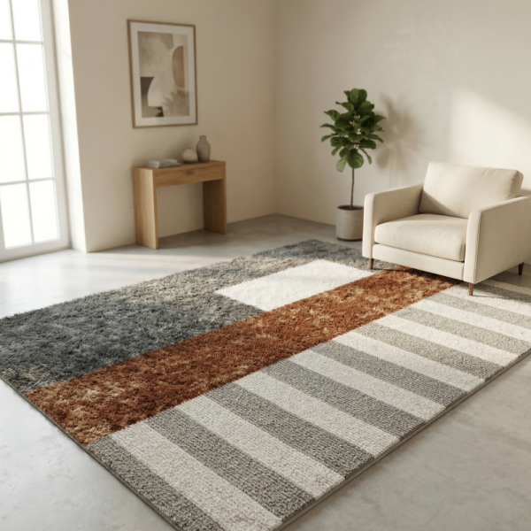 Модерен килим за хол 120х160см - Кафяв меланж с бежови райета и 3D ефект, Противоплъзгащ