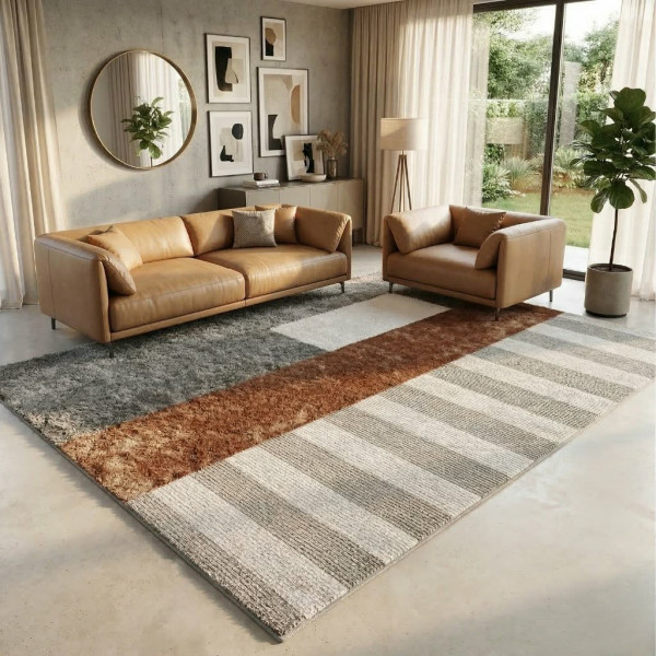 Модерен килим за хол 120х160см - Кафяв меланж с бежови райета и 3D ефект, Противоплъзгащ