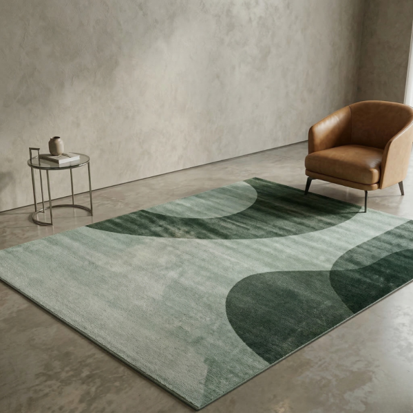Модерен килим за хол 120х160см - Зелени вълни на светъл фон и 3D ефект, Противоплъзгащ 2