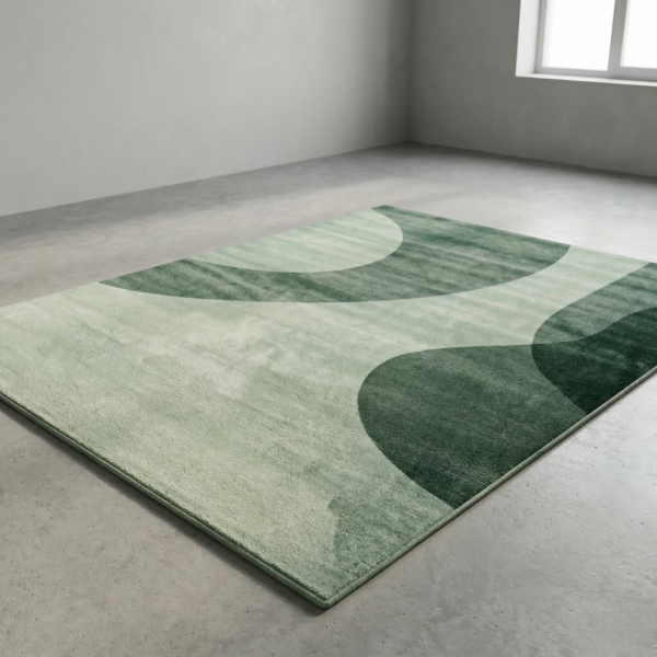 Модерен килим за хол 120х160см - Зелени вълни на светъл фон и 3D ефект, Противоплъзгащ 3