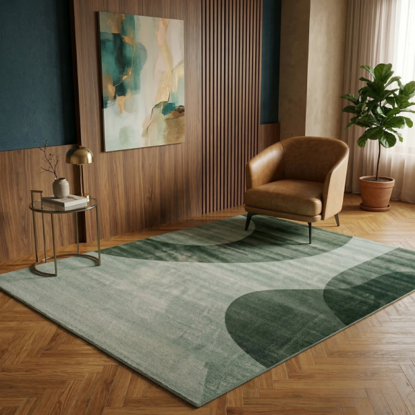 Модерен килим за хол 120х160см - Зелени вълни на светъл фон и 3D ефект, Противоплъзгащ 4