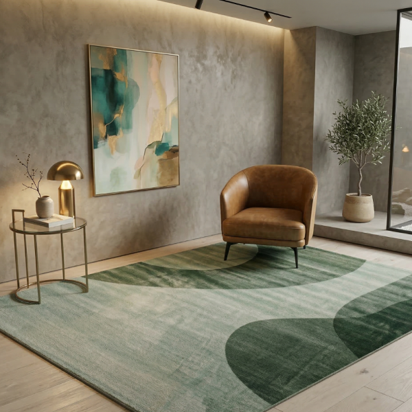 Модерен килим за хол 120х160см - Зелени вълни на светъл фон и 3D ефект, Противоплъзгащ