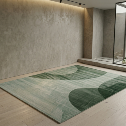Модерен килим за хол 120х160см - Зелени вълни на светъл фон и 3D ефект, Противоплъзгащ