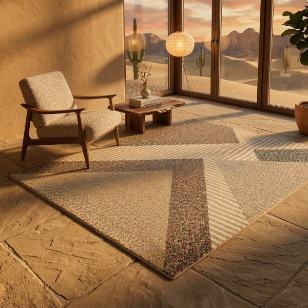 Модерен килим за хол 120х160см - Златисти триъгълници и райета и 3D ефект, Противоплъзгащ 3