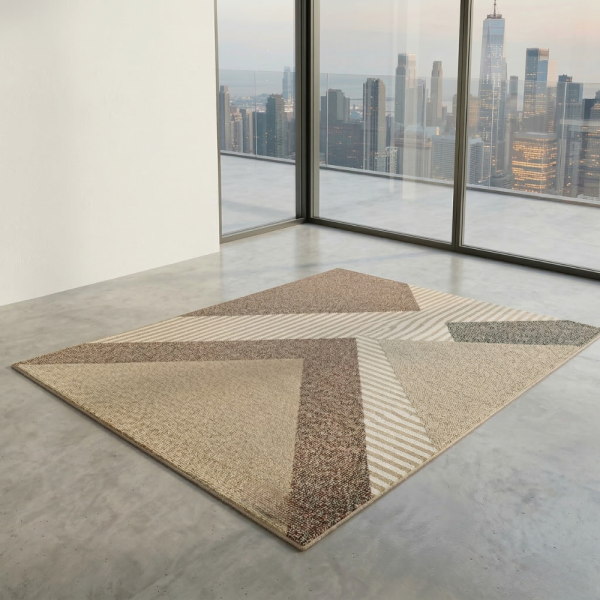 Модерен килим за хол 120х160см - Златисти триъгълници и райета и 3D ефект, Противоплъзгащ 1