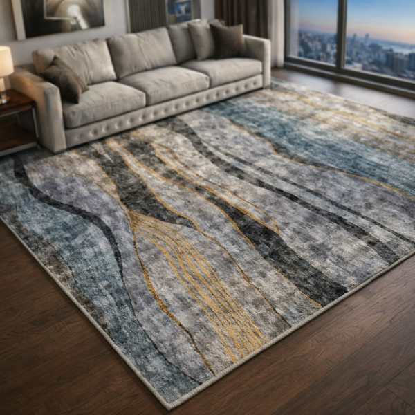 Модерен килим за хол 120х160см - Мраморен ефект в сиво и черно и 3D ефект, Противоплъзгащ