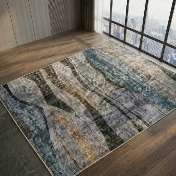 Модерен килим за хол 120х160см - Мраморен ефект в сиво и черно и 3D ефект, Противоплъзгащ 1