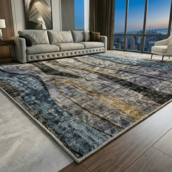 Модерен килим за хол 120х160см - Мраморен ефект в сиво и черно и 3D ефект, Противоплъзгащ