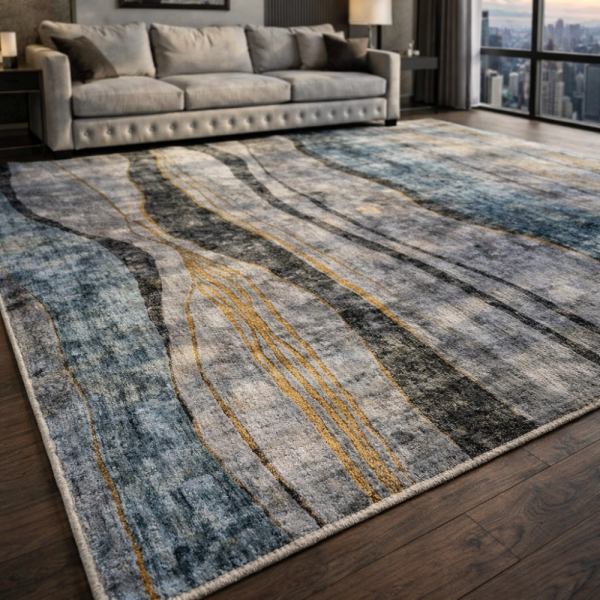 Модерен килим за хол 120х160см - Мраморен ефект в сиво и черно и 3D ефект, Противоплъзгащ 4