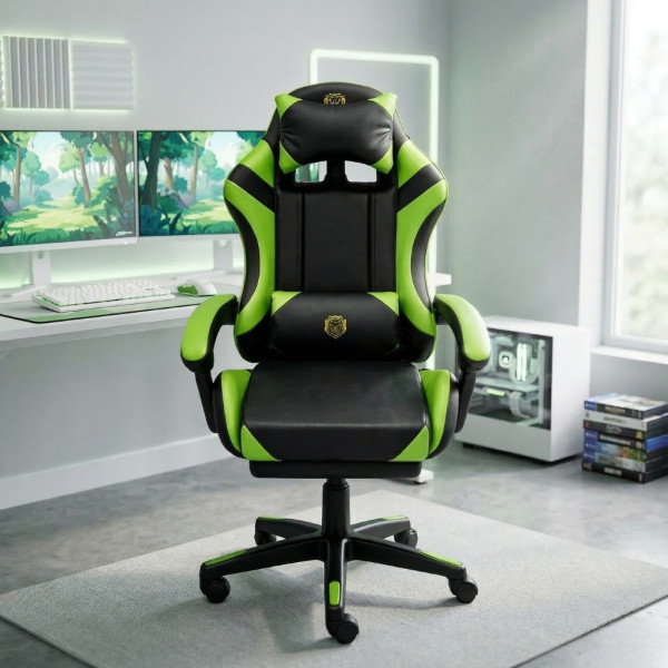 Ергономичен геймърски стол с масажна функция и поставка за крака, PU екокожа, метална рамка, регулируем 1