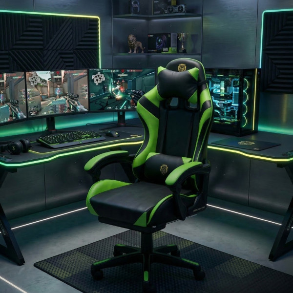 Ергономичен геймърски стол с масажна функция и поставка за крака, PU екокожа, метална рамка, регулируем 2