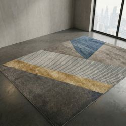 Модерен килим за хол 120х160см - Сиво с диагонална златна лента и 3D ефект, Противоплъзгащ