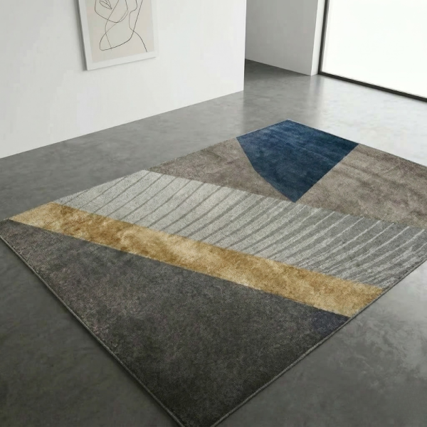 Модерен килим за хол 120х160см - Сиво с диагонална златна лента и 3D ефект, Противоплъзгащ