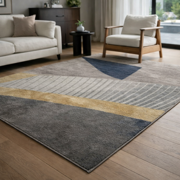 Модерен килим за хол 120х160см - Сиво с диагонална златна лента и 3D ефект, Противоплъзгащ 5