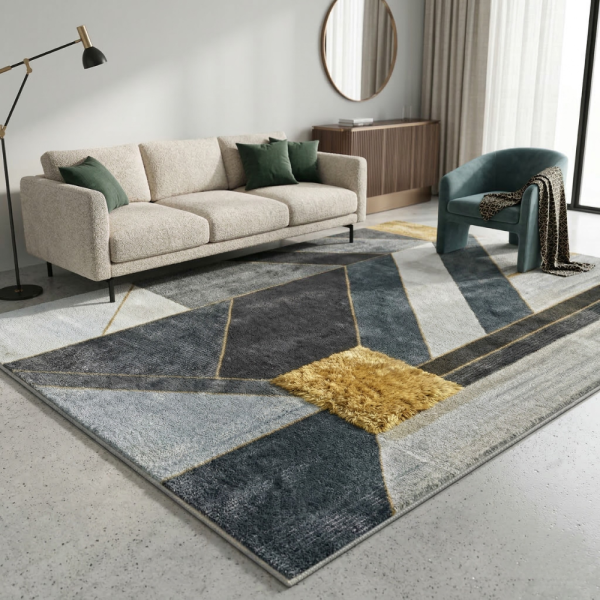 Модерен килим за хол 120х160см - Геометрично сиво със жълт квадрат и 3D ефект, Противоплъзгащ 3