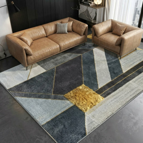 Модерен килим за хол 120х160см - Геометрично сиво със жълт квадрат и 3D ефект, Противоплъзгащ