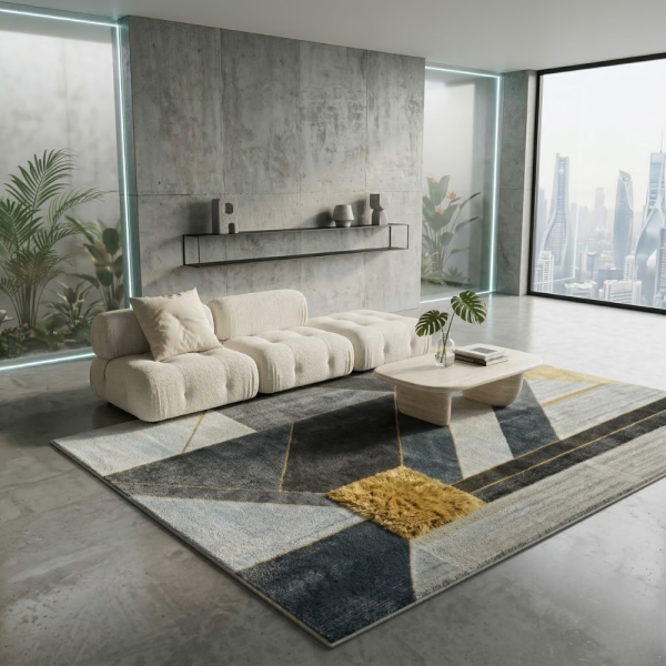 Модерен килим за хол 120х160см - Геометрично сиво със жълт квадрат и 3D ефект, Противоплъзгащ 4