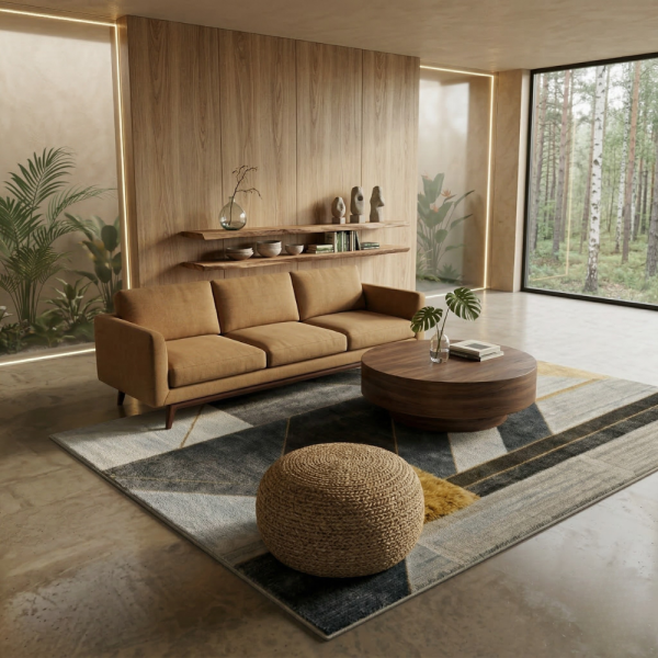 Модерен килим за хол 120х160см - Геометрично сиво със жълт квадрат и 3D ефект, Противоплъзгащ 5