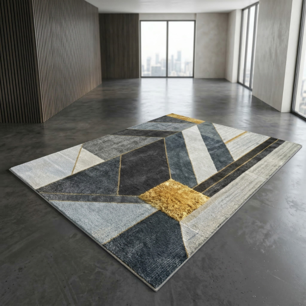 Модерен килим за хол 120х160см - Геометрично сиво със жълт квадрат и 3D ефект, Противоплъзгащ 1