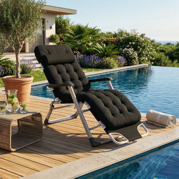 Сгъваем градински шезлонг с ватирана възглавница, регулируема облегалка и антикорозионна рамка, 178 см