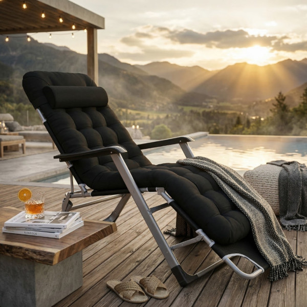 Сгъваем градински шезлонг с ватирана възглавница, регулируема облегалка и антикорозионна рамка, 178 см 4