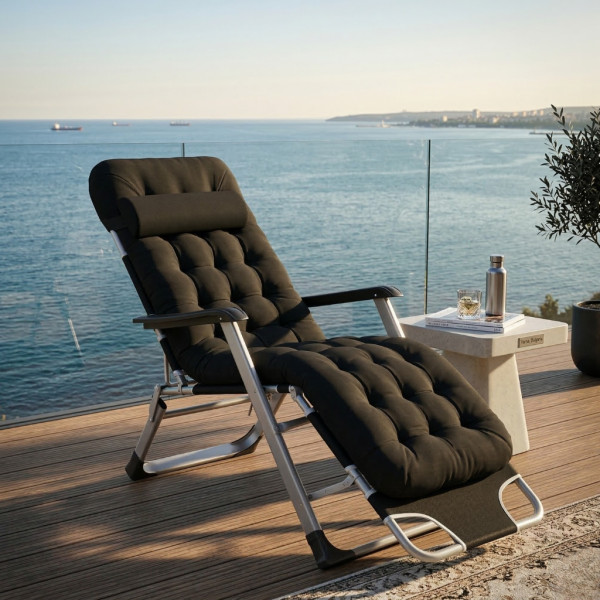 Сгъваем градински шезлонг с ватирана възглавница, регулируема облегалка и антикорозионна рамка, 178 см