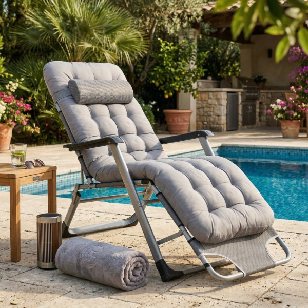 Сгъваем градински шезлонг с мека ватирана възглавница, регулируема облегалка и антикорозионна рамка 1