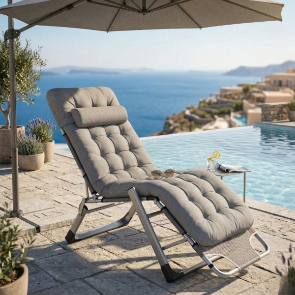 Сгъваем градински шезлонг с мека ватирана възглавница, регулируема облегалка и антикорозионна рамка