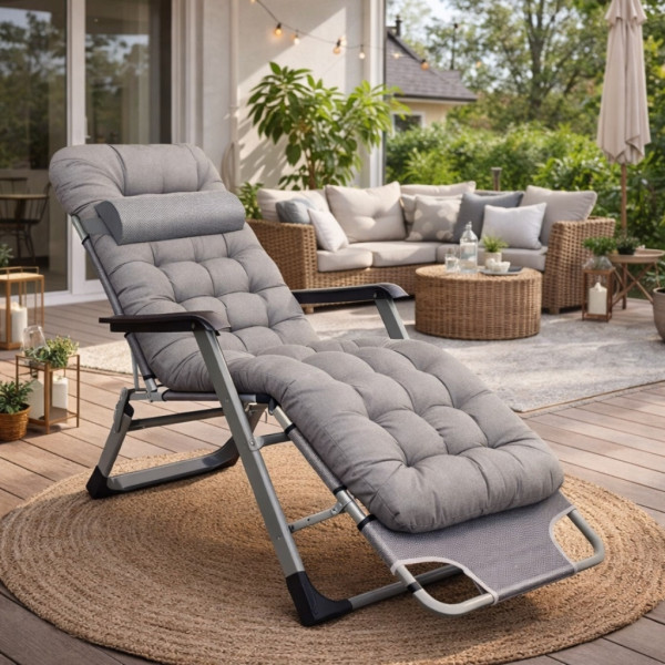 Сгъваем градински шезлонг с мека ватирана възглавница, регулируема облегалка и антикорозионна рамка 4