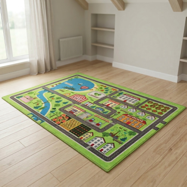 Детски килим за игра 120х160см - Зелен килим с голям град и езеро, Противоплъзгащ и миещ се 1