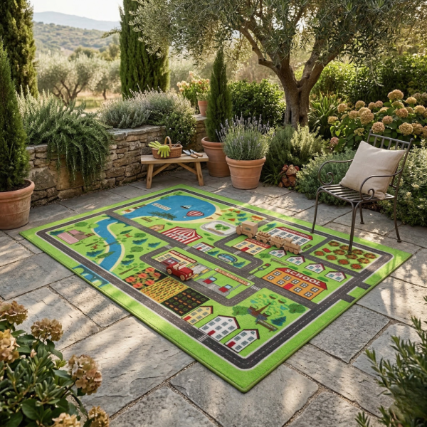 Детски килим за игра 120х160см - Зелен килим с голям град и езеро, Противоплъзгащ и миещ се 6