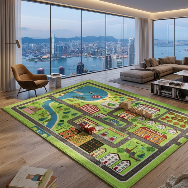 Детски килим за игра 120х160см - Зелен килим с голям град и езеро, Противоплъзгащ и миещ се 5