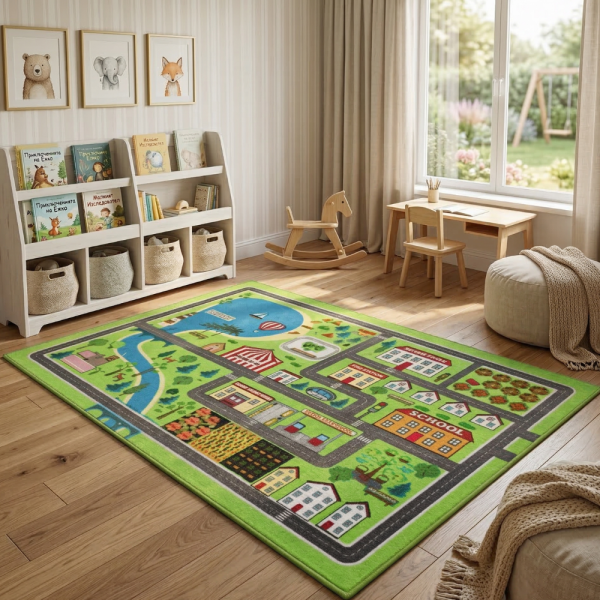 Детски килим за игра 120х160см - Зелен килим с голям град и езеро, Противоплъзгащ и миещ се