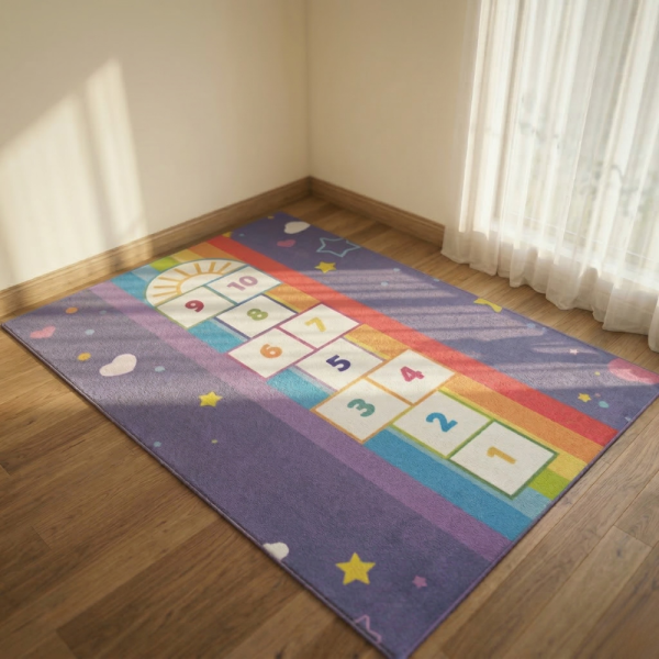 Детски килим за игра 120х160см - Тъмносин килим с облачета и дъга, противоплъзгащ и миещ се 1