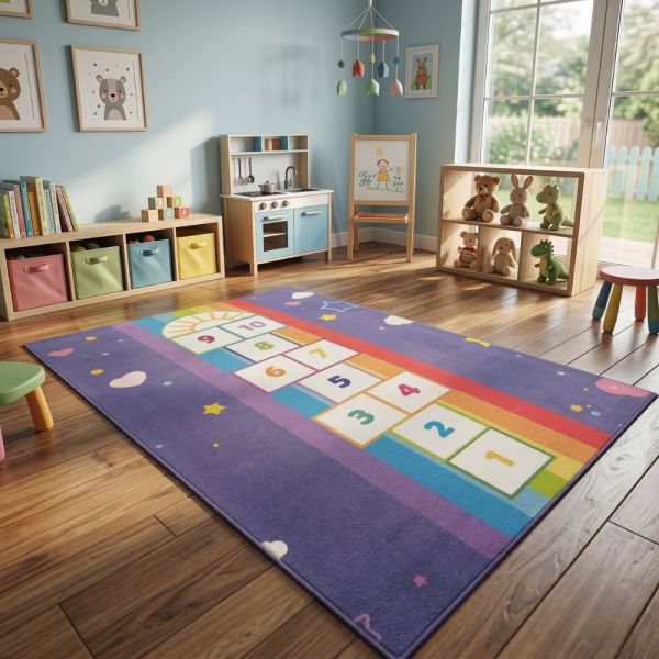 Детски килим за игра 120х160см - Тъмносин килим с облачета и дъга, противоплъзгащ и миещ се