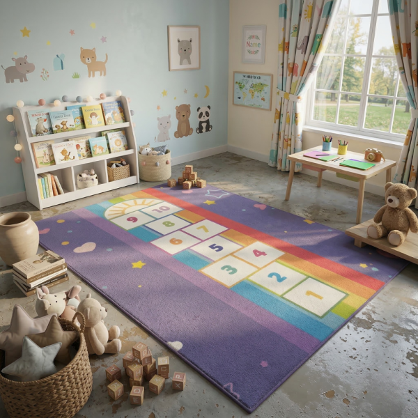 Детски килим за игра 120х160см - Тъмносин килим с облачета и дъга, противоплъзгащ и миещ се 3