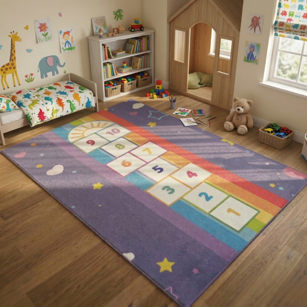 Детски килим за игра 120х160см - Тъмносин килим с облачета и дъга, противоплъзгащ и миещ се