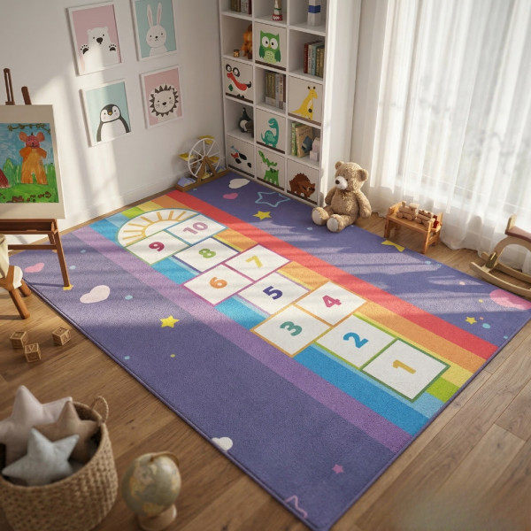 Детски килим за игра 120х160см - Тъмносин килим с облачета и дъга, противоплъзгащ и миещ се