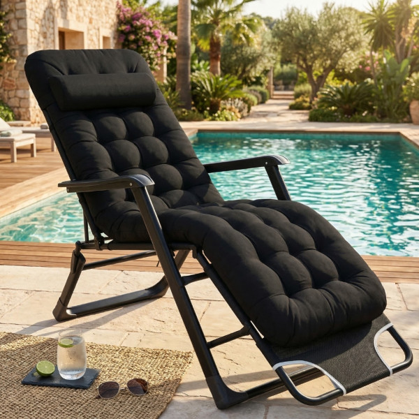 Сгъваем градински шезлонг с мека ватирана възглавница, дишаща материя, регулируем, 178см